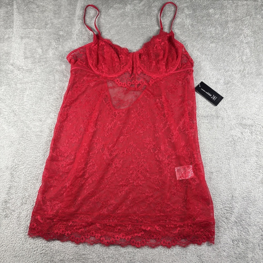 INC Intimate Red Lightweight Lace Semi Sheer Babydoll Romantic Nightgown L NWT